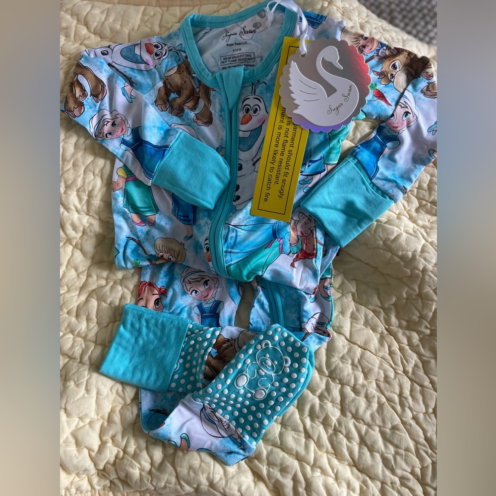 Infant 6 to 12 One Piece Footies - Frozen Aqua and white
I have two of them!